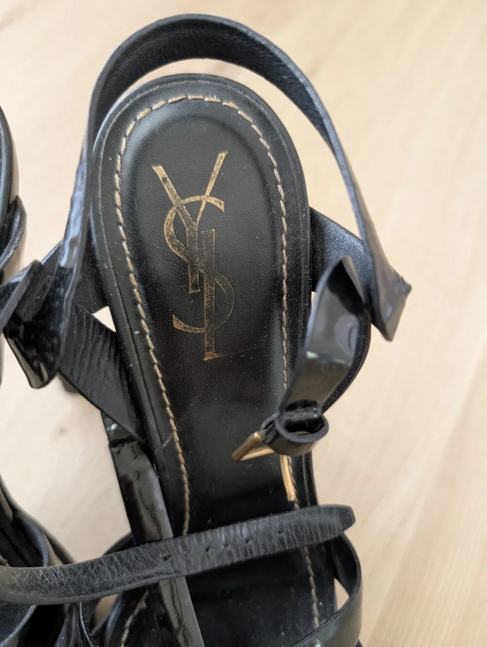 Yves Saint Laurent Tribute Black Patent Leather Strappy High-Heel Sandals (40)
